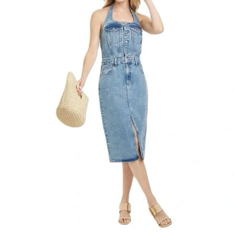 Denim Halter Midi Skirt - Light Blue Jean dress